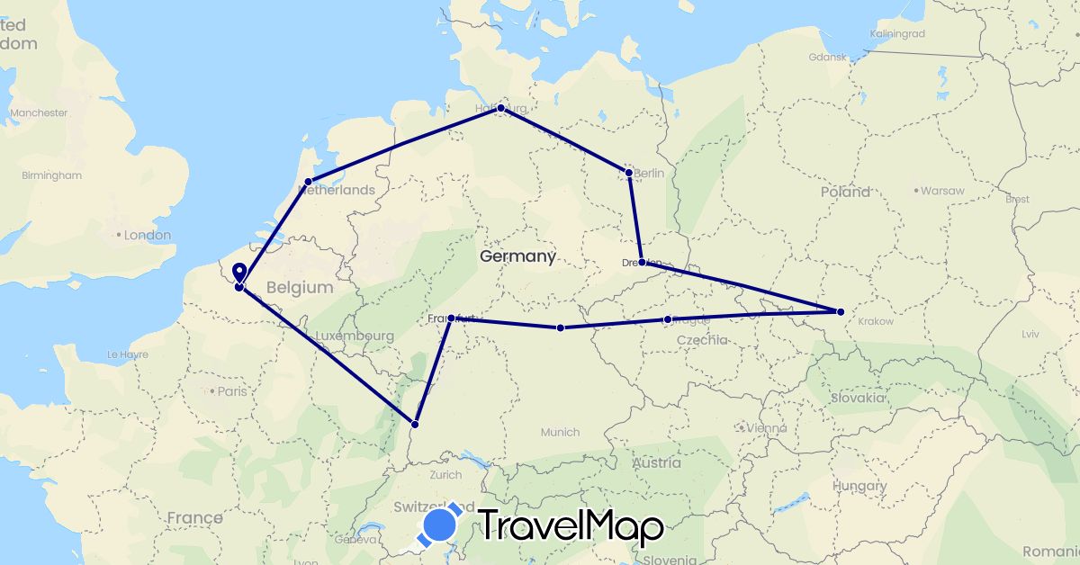 TravelMap itinerary: driving in Czech Republic, Germany, France, Netherlands, Poland (Europe)